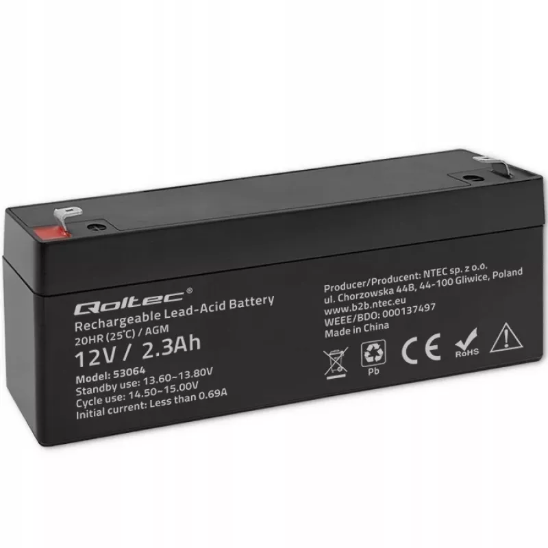 Zapečatená AGM batéria QOLTEC 12V 2,3Ah pre UPS a záložné systémy, max. vybíjanie 34,5A