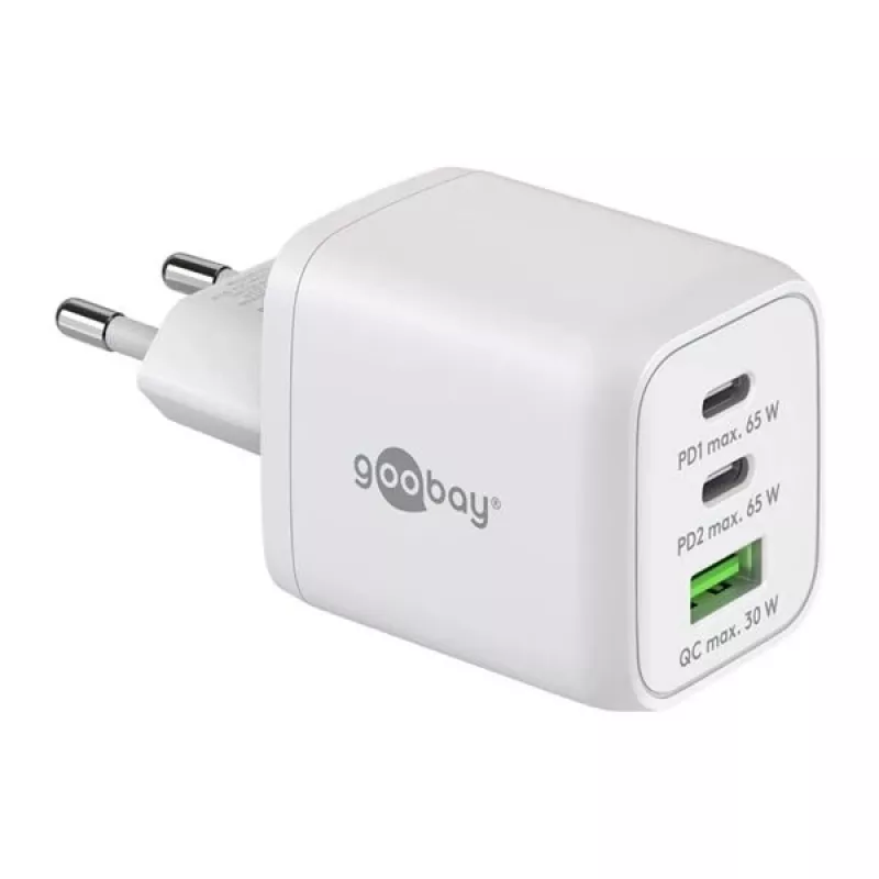 USB-C rýchlonabíjačka Nano, PD, GaN, 65 Watt (biela, 1x USB-A, 2x USB-C PD, Charge 3.0)