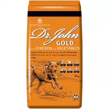 Suché krmivo pre psov Dr. John Gold kura 15 kg vrece — dospelé, 20% bielkovín, 9% tuku, podpora kĺbov