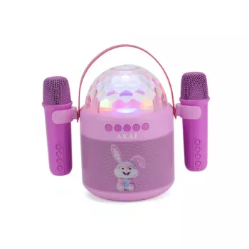 AKAI JoyBox Kids karaoke sada s Bluetooth, USB, MicroSD, AUX, FM rádiom, RGB svetlami, meničom hlasu, káblovým mikrofónom, nabíjateľnou 1200mAh batériou, 5W RMS