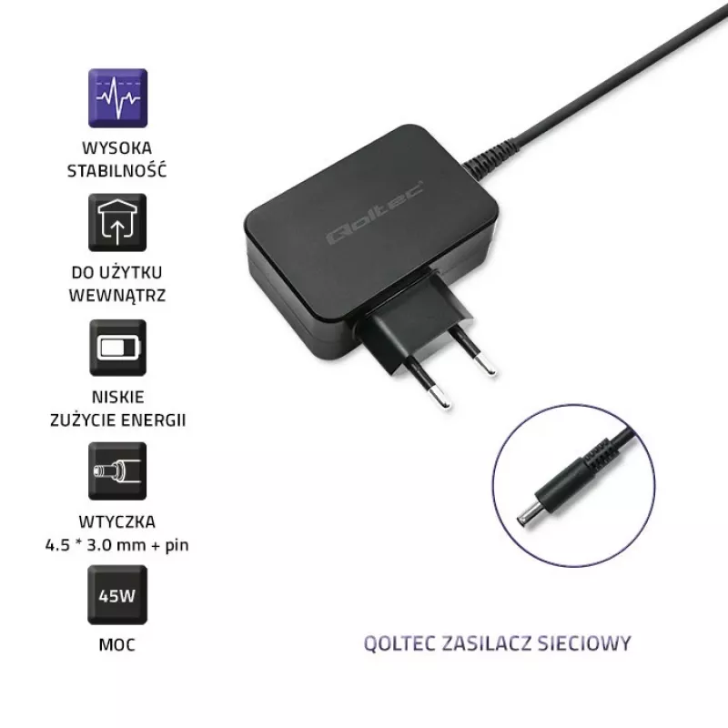 QOLTEC napájací zdroj pre Dell notebook 45W 19,5V 2,31A 4,5x3,0mm modrý hrot