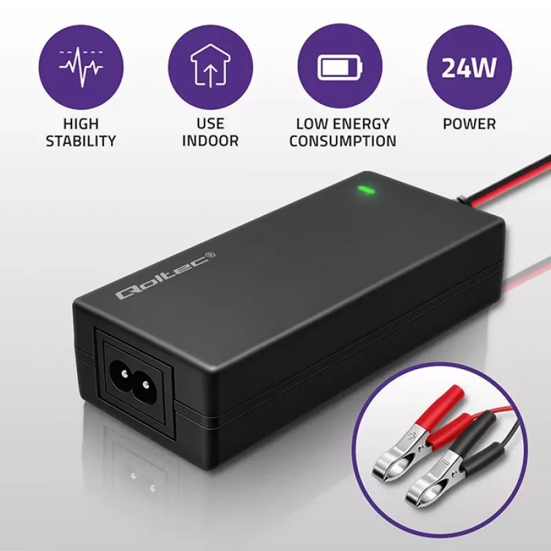 Qoltec automatická nabíjačka batérií pre AGM GEL STD | usmerňovač 12V | 2A | 24W | LED | kábel 1,8m