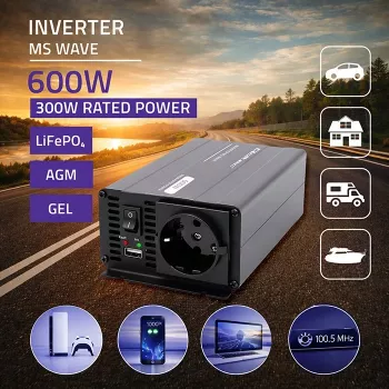 Qoltec MS menič napätia 12V na 230V 300/600W USB kompatibilný s LiFePO4 GEL AGM
