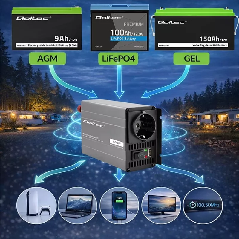 Qoltec MS menič napätia 12V na 230V 300/600W USB kompatibilný s LiFePO4 GEL AGM
