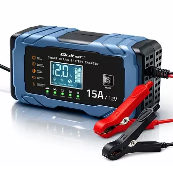 Qoltec inteligentná mikroprocesorová nabíjačka 12V 15A | usmerňovač s funkciou opravy | AGM GEL LiFePO4 | 9-stupňové nabíjanie