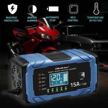 Qoltec inteligentná mikroprocesorová nabíjačka 12V 15A | usmerňovač s funkciou opravy | AGM GEL LiFePO4 | 9-stupňové nabíjanie