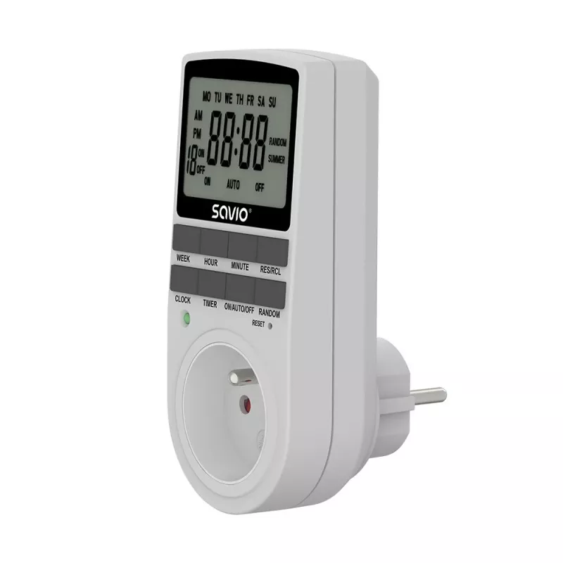 SAVIO AE-03 digitálny časovač s LCD displejom, 10 programov, 16A, zástrčka Schuko, biely