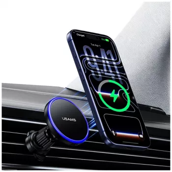 USAMS magnetický držiak do vetracích mriežok pre smartfóny, 360° rotácia, čierny
