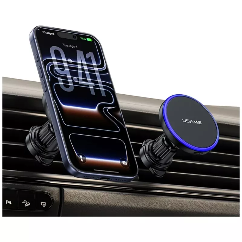 USAMS magnetický držiak do vetracích mriežok pre smartfóny, 360° rotácia, čierny