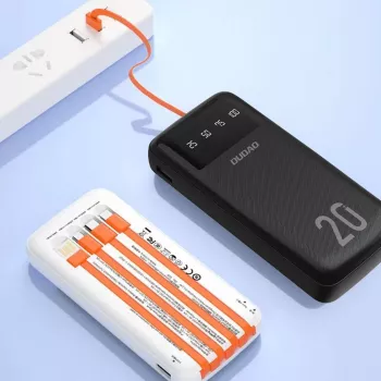 Dudao K6Pro+ power banka 20000mAh so 4 integrovanými káblami USB-C Micro USB Lightning USB-A vstup čierna