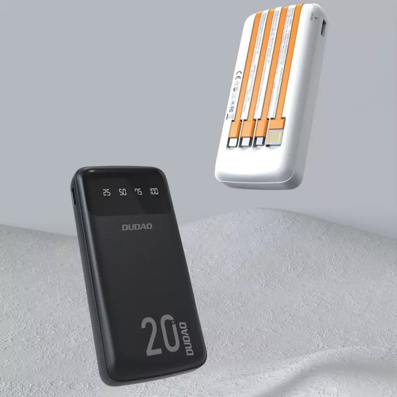 Dudao K6Pro+ power banka 20000mAh so 4 integrovanými káblami USB-C Micro USB Lightning USB-A vstup čierna
