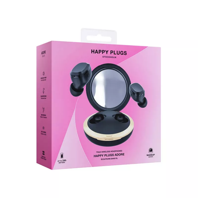 Happy Plugs Adore bezdrôtové in-ear slúchadlá so zrkadlovým nabíjacím puzdrom (čierne)