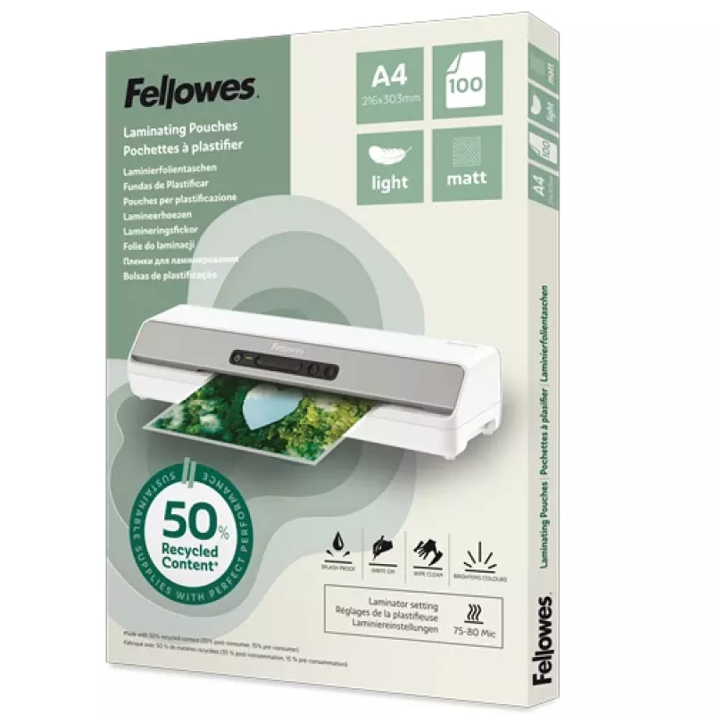 Fellowes 100 ks balenie A4 matné laminovacie fólie, 80 mikrónov, recyklované
