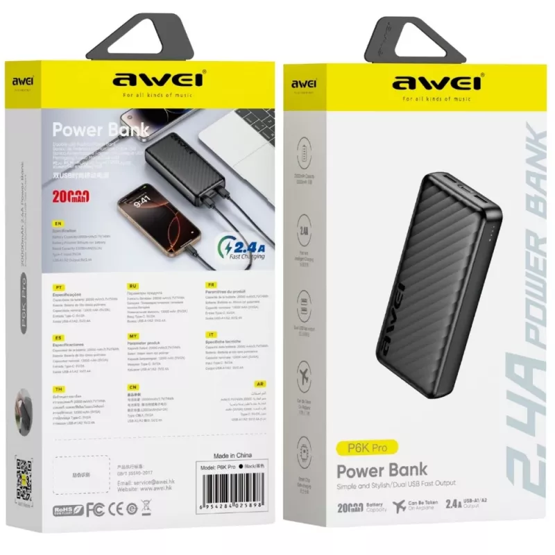 AWEI P6K Pro power banka 20000mAh 2xUSB-A/USB-C čierna