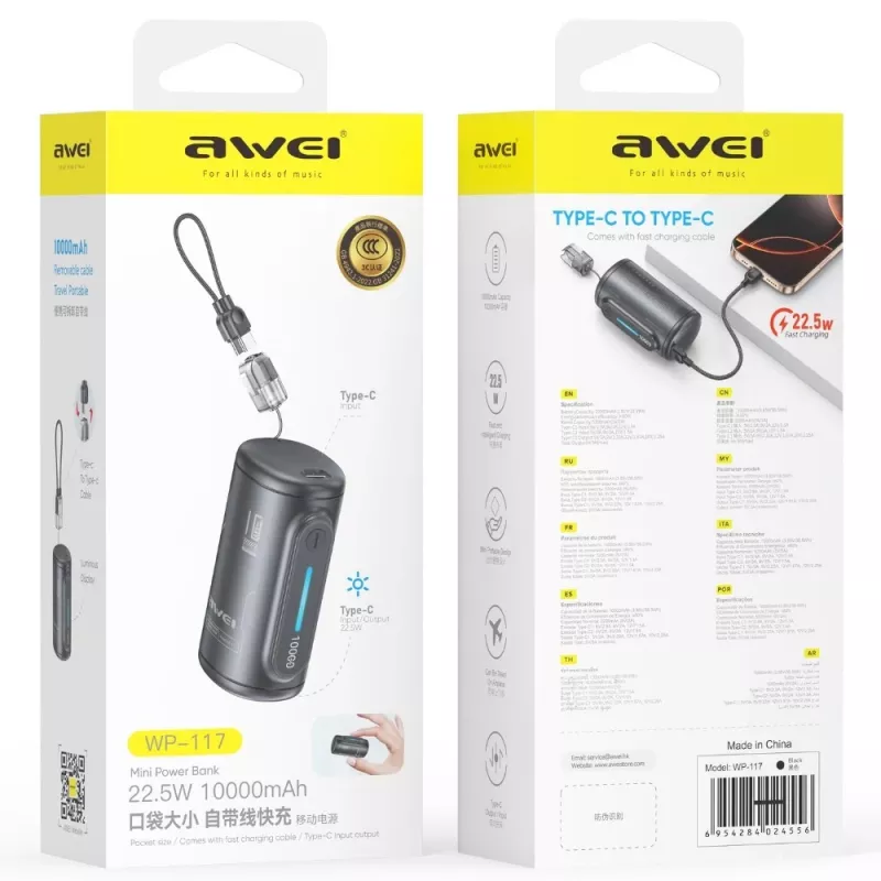 AWEI WP-117 power banka 10000mAh 22.5W 3C2xUSB-C čierna