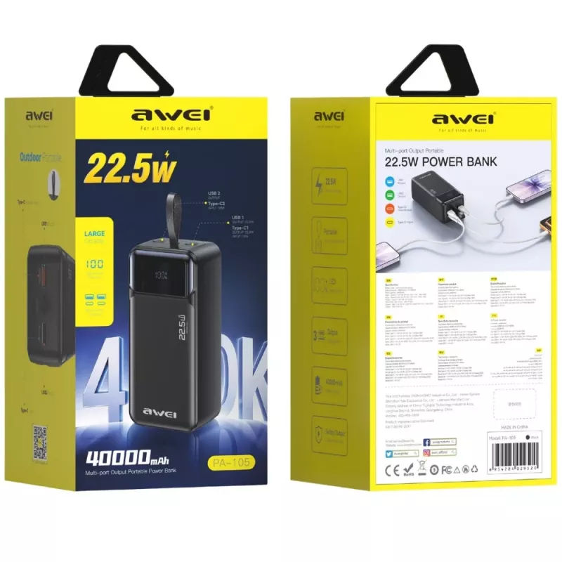 AWEI PA-105 power banka 40000mAh 22.5W PD QC 3.0 USB-C čierna