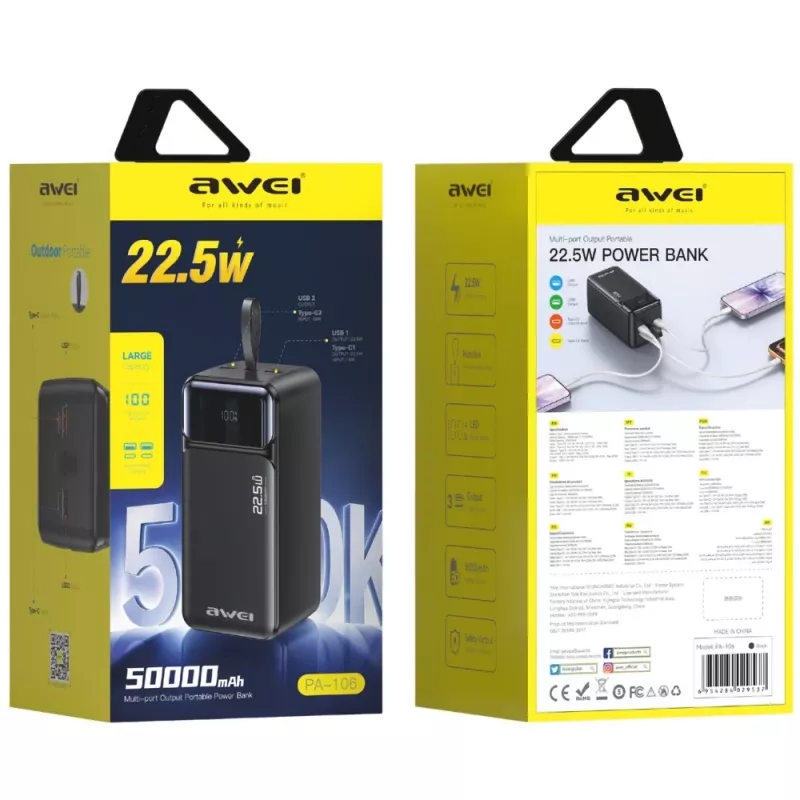 AWEI PA-106 power banka 50000mAh 22.5W PD 3xUSB-C čierna