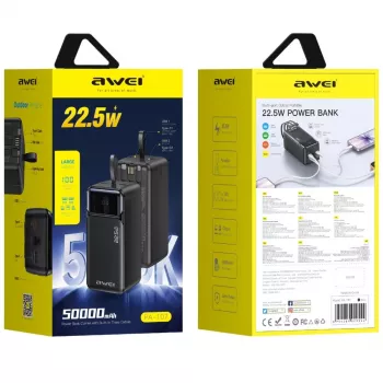 AWEI PA-107 power banka 50000mAh 22.5W PD 3xUSB čierna