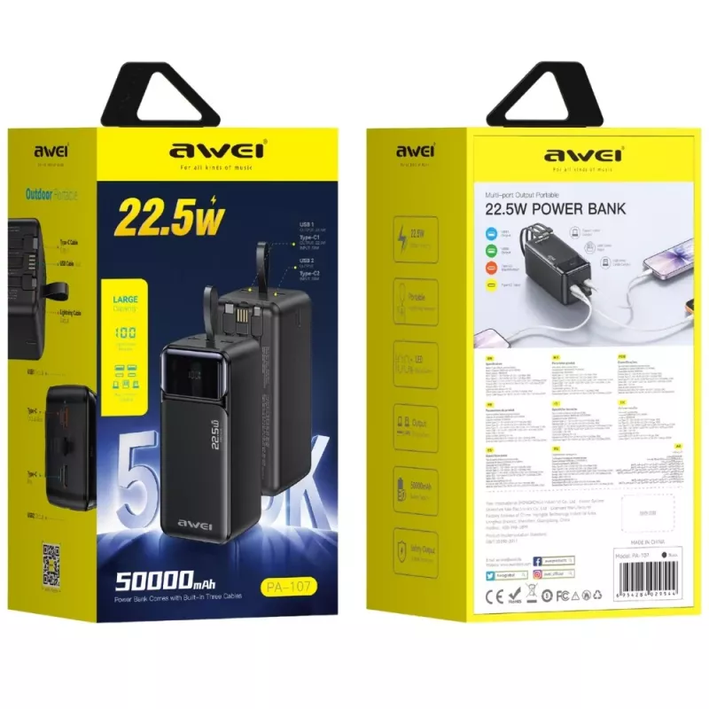AWEI PA-107 power banka 50000mAh 22.5W PD 3xUSB čierna