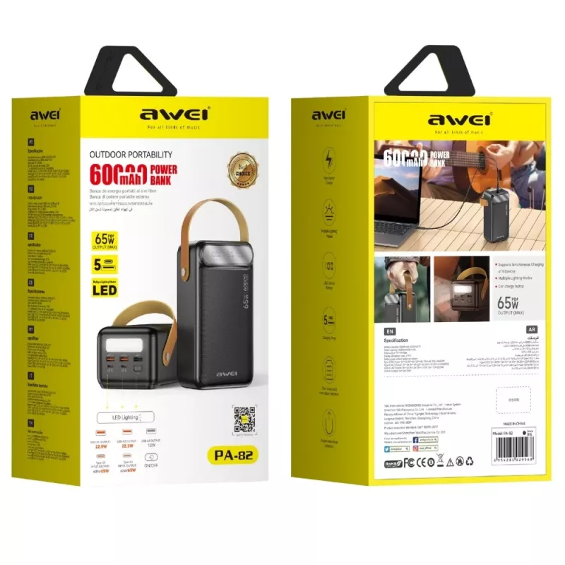 AWEI PA-82 power banka 60000mAh 65W PD 2xUSB-A/USB-C čierna