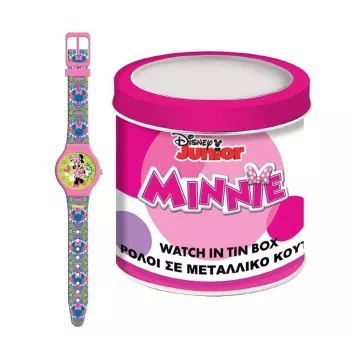 PULIO analógové hodinky v plechovej dóze - Disney Minnie Mouse, ružový PU kožený remienok, quartzový strojček, 30mm kovové puzdro, odolné proti striekajúcej vode, dievčatá od 6 rokov