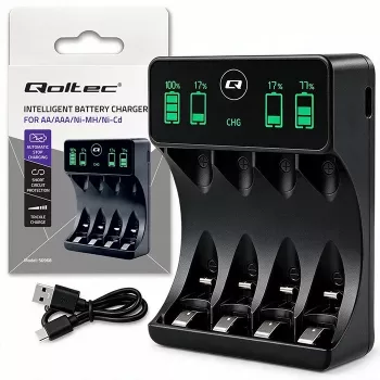Qoltec 50968 nabíjačka NiMH batérií pre AA/AAA s LCD a USB-C káblom, čierna