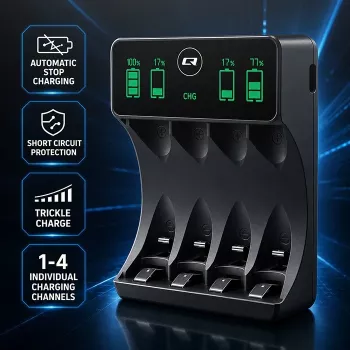 Qoltec 50968 nabíjačka NiMH batérií pre AA/AAA s LCD a USB-C káblom, čierna