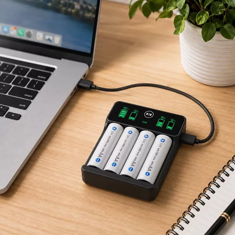 Qoltec 50968 nabíjačka NiMH batérií pre AA/AAA s LCD a USB-C káblom, čierna