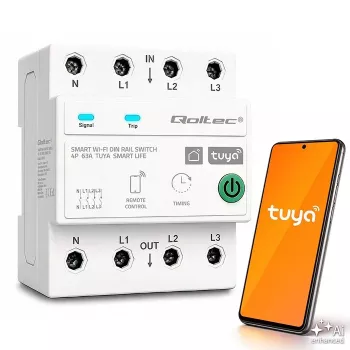 Qoltec 50976 trojfázové smart Wi-Fi relé 63A, DIN lišta, 3P+N, časovač, Tuya