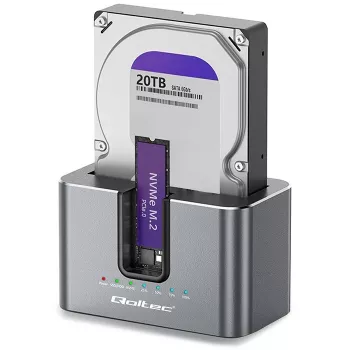 Qoltec 2in1 dokovacia stanica HDD SSD SATA M.2 NVMe s funkciou klonovania, USB-C 3.2 Gen 2, 10Gbps, až do 28TB, hliník