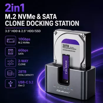 Qoltec 2in1 dokovacia stanica HDD SSD SATA M.2 NVMe s funkciou klonovania, USB-C 3.2 Gen 2, 10Gbps, až do 28TB, hliník