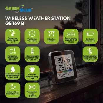 GREENBLUE GB169 B bezdrôtová meteostanica s farebným displejom a vonkajším senzorom