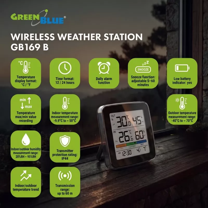 GREENBLUE GB169 B bezdrôtová meteostanica s farebným displejom a vonkajším senzorom