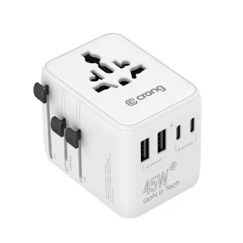 Crong One World Travel Adapter GaN 45W UK/EU/US/AU biely