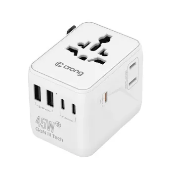 Crong One World Travel Adapter GaN 45W UK/EU/US/AU biely