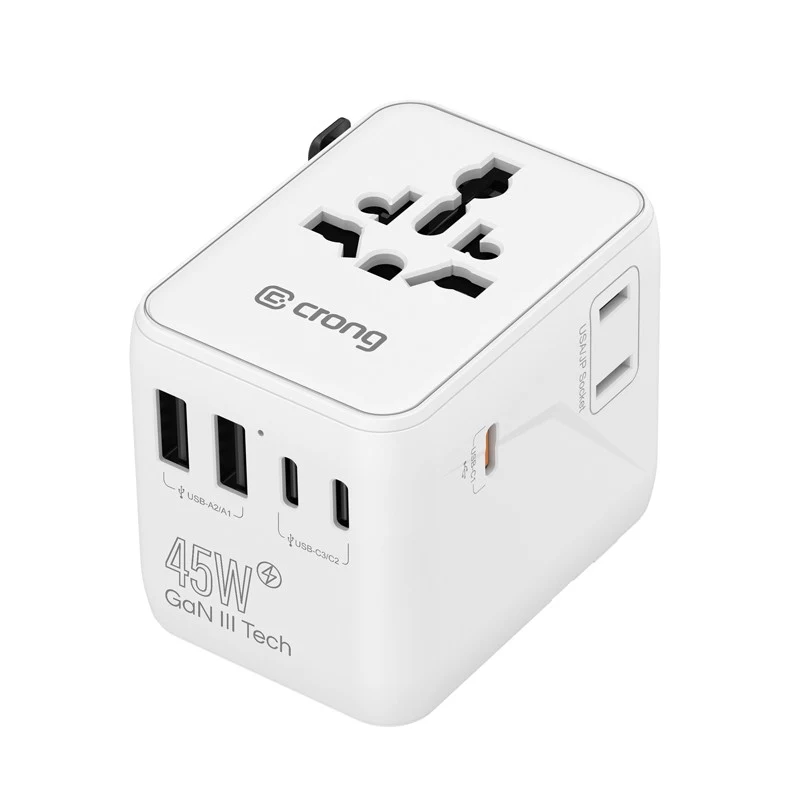 Crong One World Travel Adapter GaN 45W UK/EU/US/AU biely
