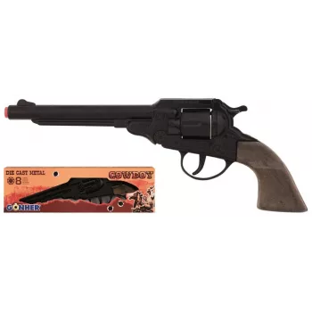 PULIO Cowboy revolver kovový 8-ranný hračkárska pištoľ - čierna/strieborná s hnedými rukoväťami
