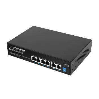 ESPERANZA 6-portový PoE+ Gigabit switch 65W GOLIATH (4 PoE+ porty, 2 uplinky, 12 Gbps, bezventilátorový kovový)