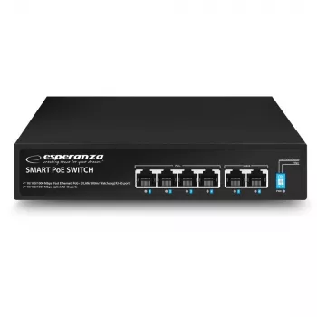 ESPERANZA 6-portový PoE+ Gigabit switch 65W GOLIATH (4 PoE+ porty, 2 uplinky, 12 Gbps, bezventilátorový kovový)
