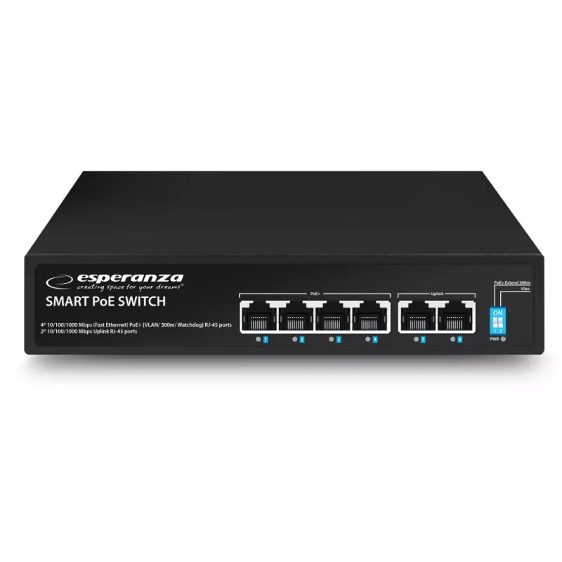 ESPERANZA 6-portový PoE+ Gigabit switch 65W GOLIATH (4 PoE+ porty, 2 uplinky, 12 Gbps, bezventilátorový kovový)