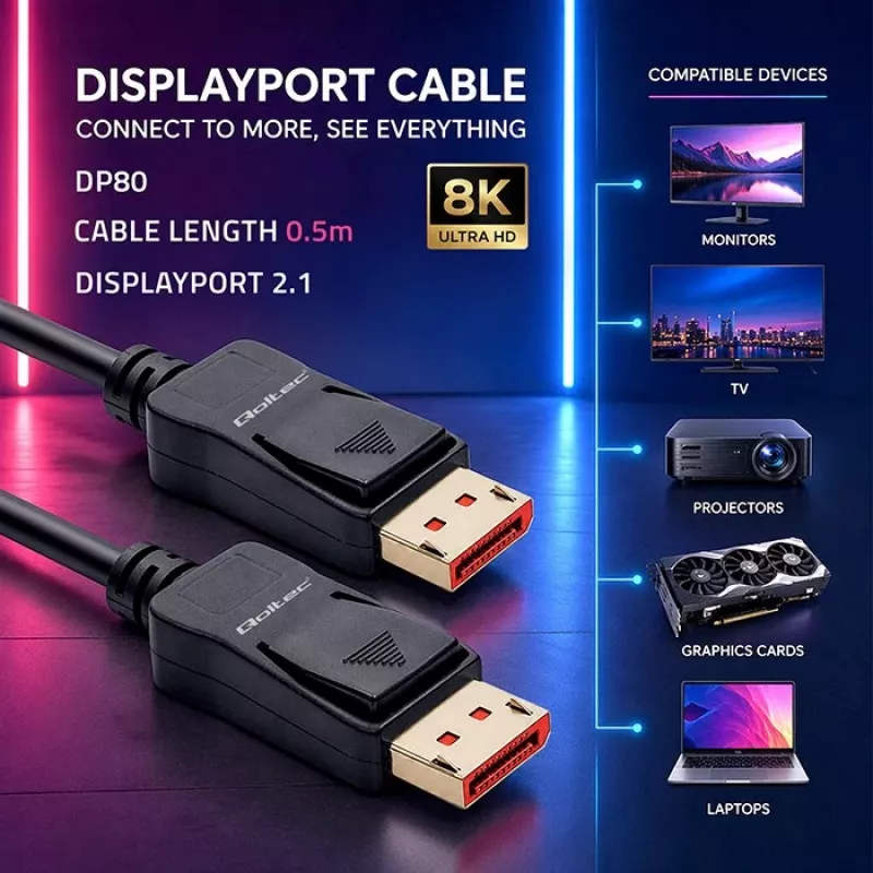 QOLTEC DisplayPort kábel M/M v2.1 54G 0,5 m