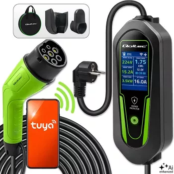 Qoltec prenosná nabíjačka EV Type 2 na Schuko 3,5 kW 16 A 5 m kábel s Wi-Fi a LCD