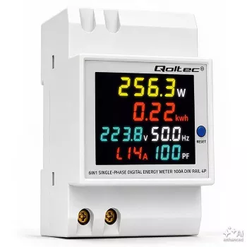 Qoltec Jednofázový merač energie 6 v 1 na DIN lištu s CT 100A, 230V, LCD, impulzný výstup