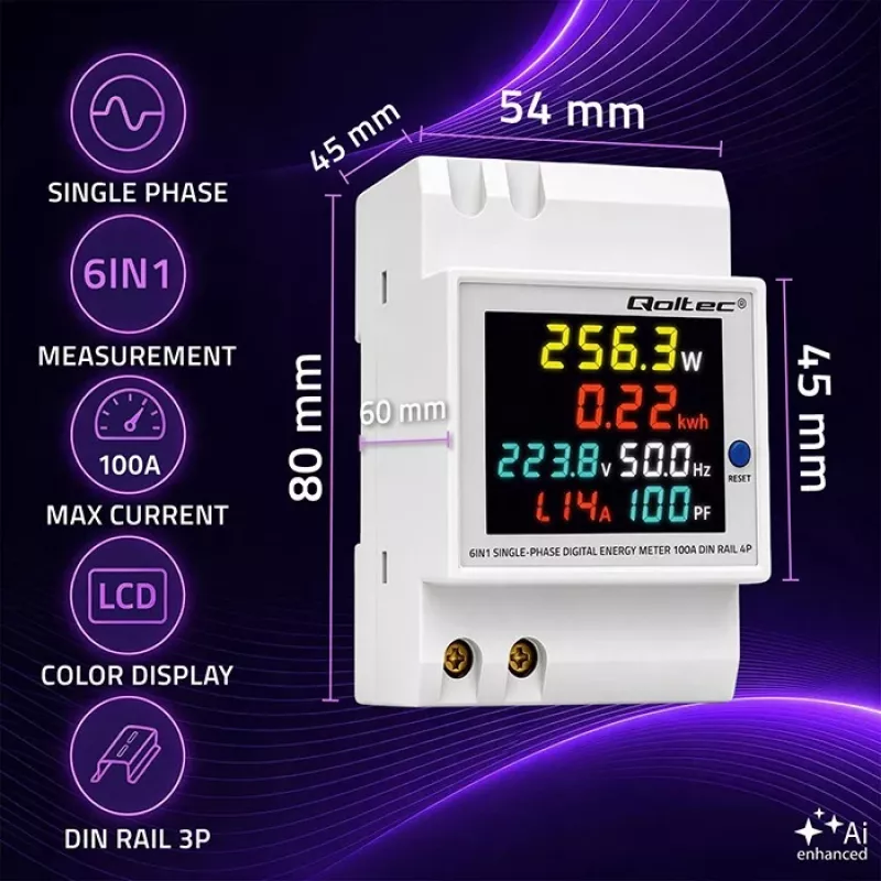 Qoltec Jednofázový merač energie 6 v 1 na DIN lištu s CT 100A, 230V, LCD, impulzný výstup
