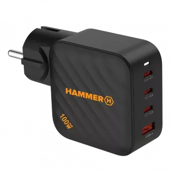 HAMMER RapidCharge 100W GaN napájací zdroj, 2x USB-C PD 100W + 1x USB-A QC 30W, čierny