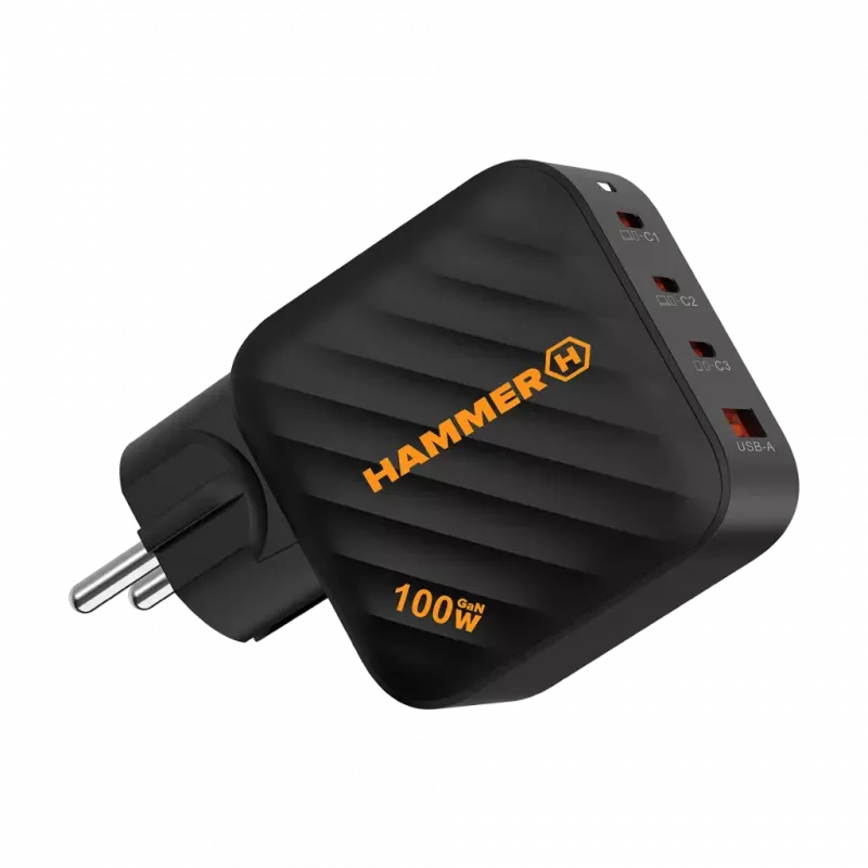 HAMMER RapidCharge 100W GaN napájací zdroj, 2x USB-C PD 100W + 1x USB-A QC 30W, čierny