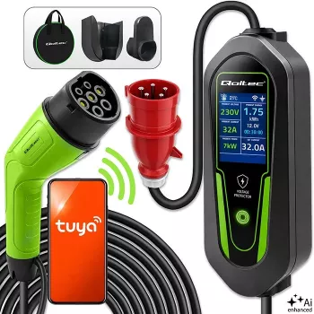 Qoltec Type 2 EV nabíjačka s nastaviteľným prúdom, 7 kW, 230 V, CEE 32 A, Wi-Fi, Tuya Smart Life, LCD, 5 m kábel