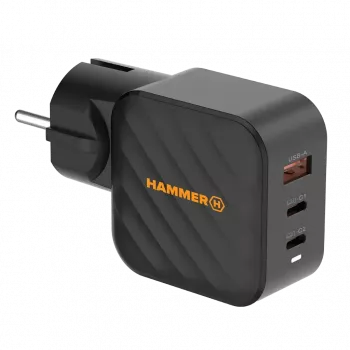 HAMMER RapidCharge 65W GaN napájací zdroj - 2x USB-C PD, 1x USB-A QC, čierny