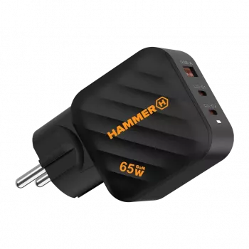 HAMMER RapidCharge 65W GaN napájací zdroj - 2x USB-C PD, 1x USB-A QC, čierny