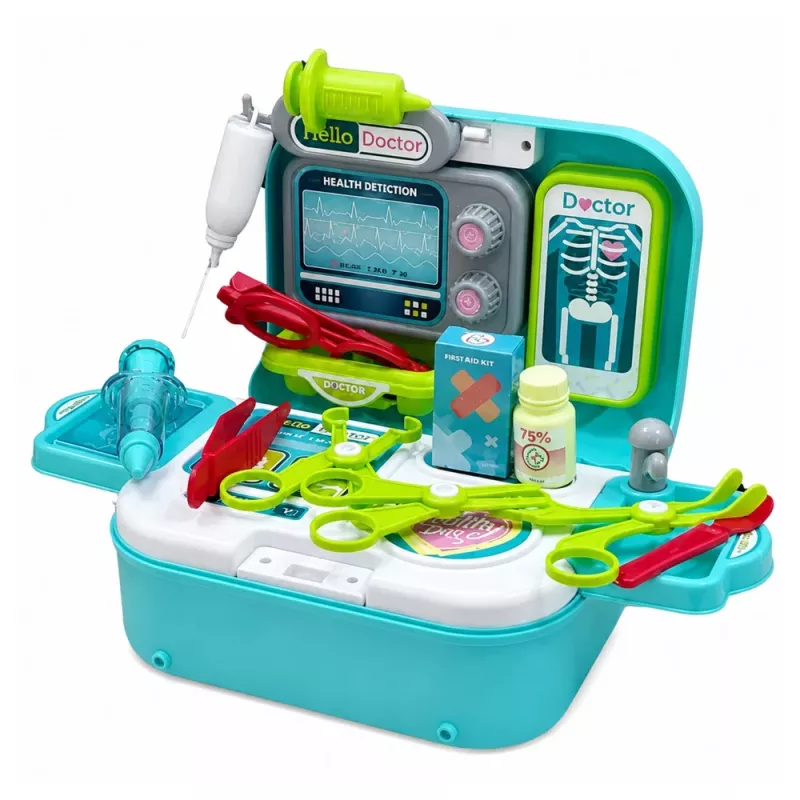 LEAN TOYS 2-in-1 lekárska súprava v kufríku, prenosná ordinácia, doplnky, modrá